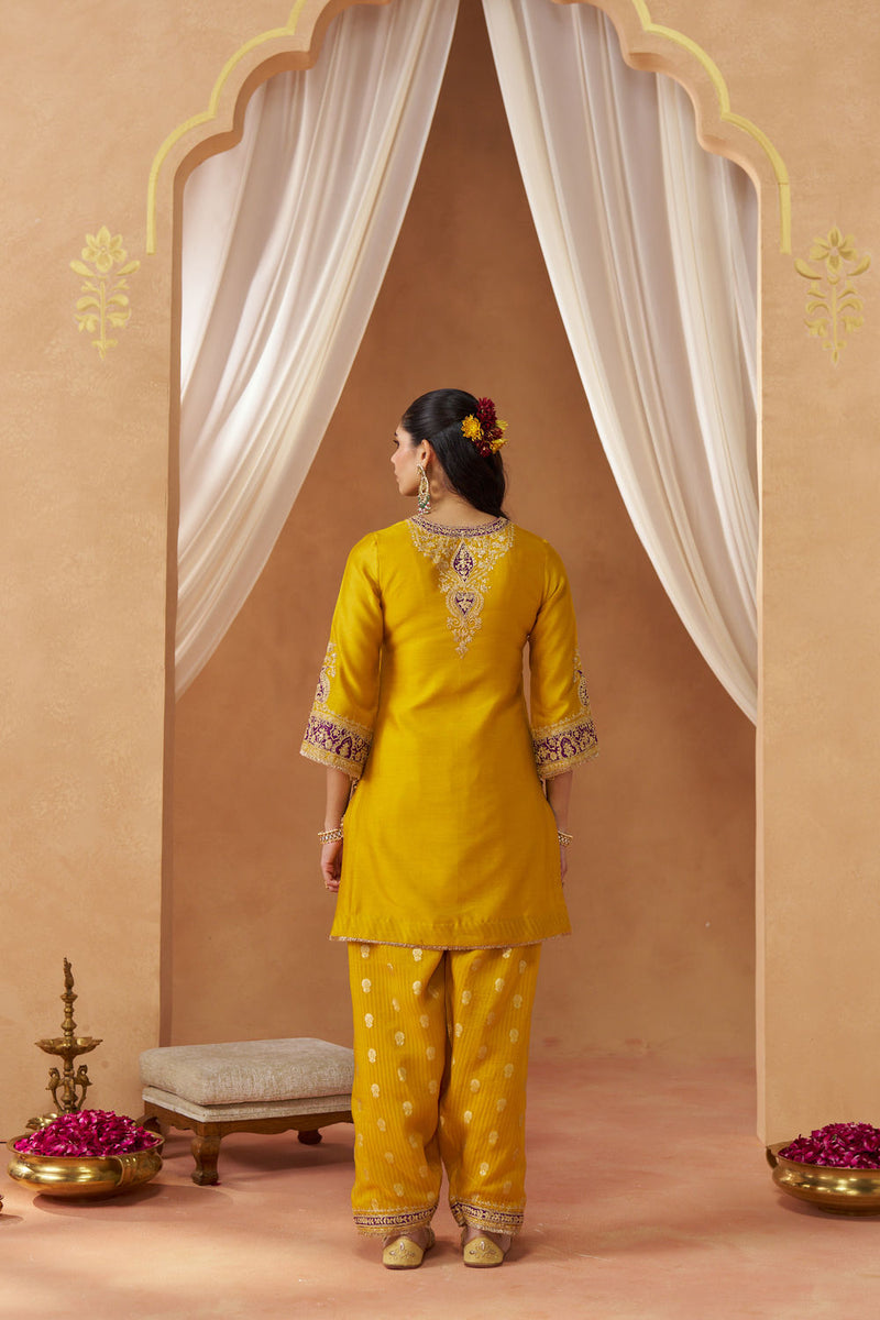 Adeela Mustard Kurta with Salwar and Dupatta silk chanderi kurta/kurta set by SHEETAL BATRA in mustard for women in Singapore