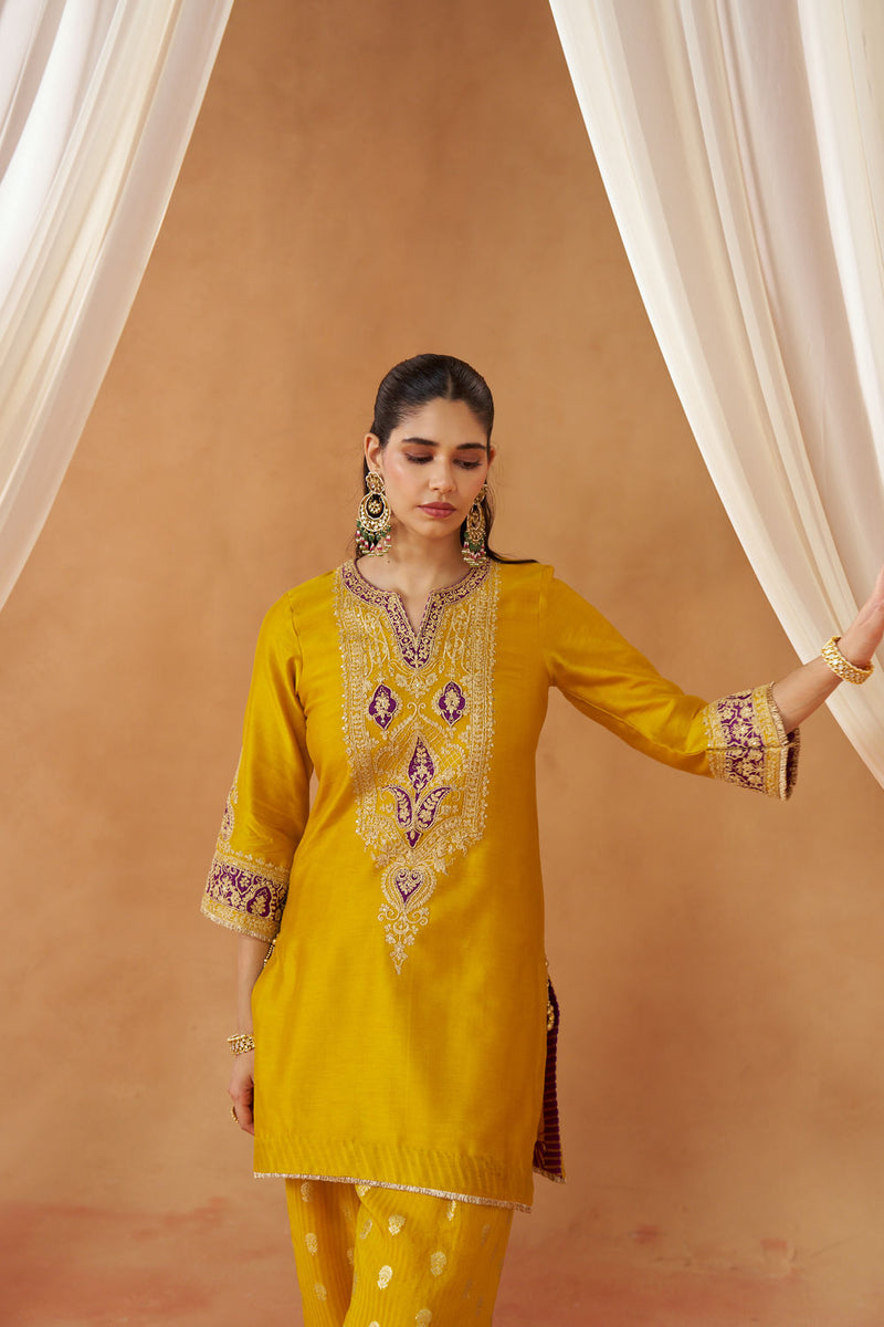 Adeela Mustard Kurta with Salwar and Dupatta silk chanderi kurta/kurta set by SHEETAL BATRA in mustard for women in Singapore
