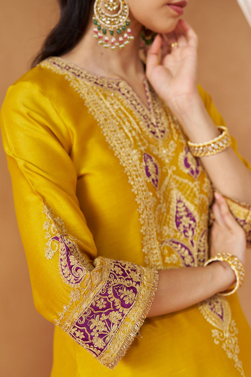 Adeela Mustard Kurta with Salwar and Dupatta silk chanderi kurta/kurta set by SHEETAL BATRA in mustard for women in Singapore