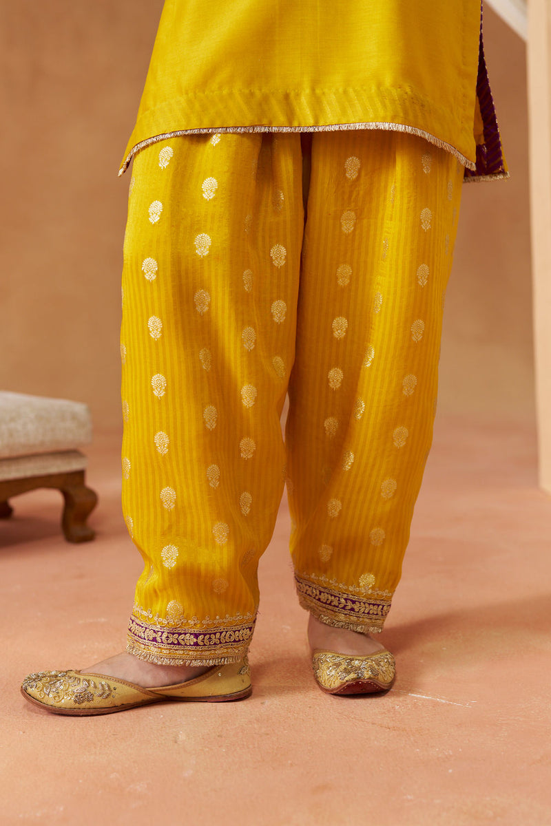 Adeela Mustard Kurta with Salwar and Dupatta silk chanderi kurta/kurta set by SHEETAL BATRA in mustard for women in Singapore
