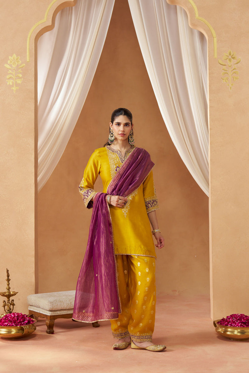 Adeela Mustard Kurta with Salwar and Dupatta silk chanderi kurta/kurta set by SHEETAL BATRA in mustard for women in Singapore