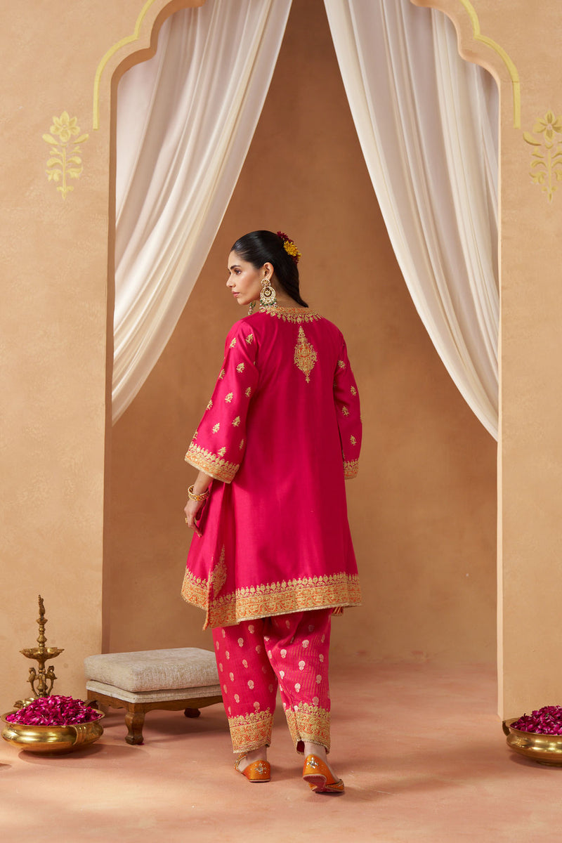 Zeenal Hotpink A-Line Kaaftan with Salwar with Dupatta silk chanderi kurta/kurta set by SHEETAL BATRA in pink for women in Singapore