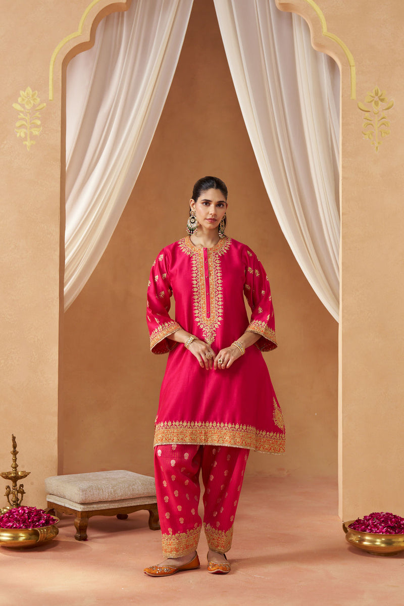Zeenal Hotpink A-Line Kaaftan with Salwar with Dupatta silk chanderi kurta/kurta set by SHEETAL BATRA in pink for women in Singapore