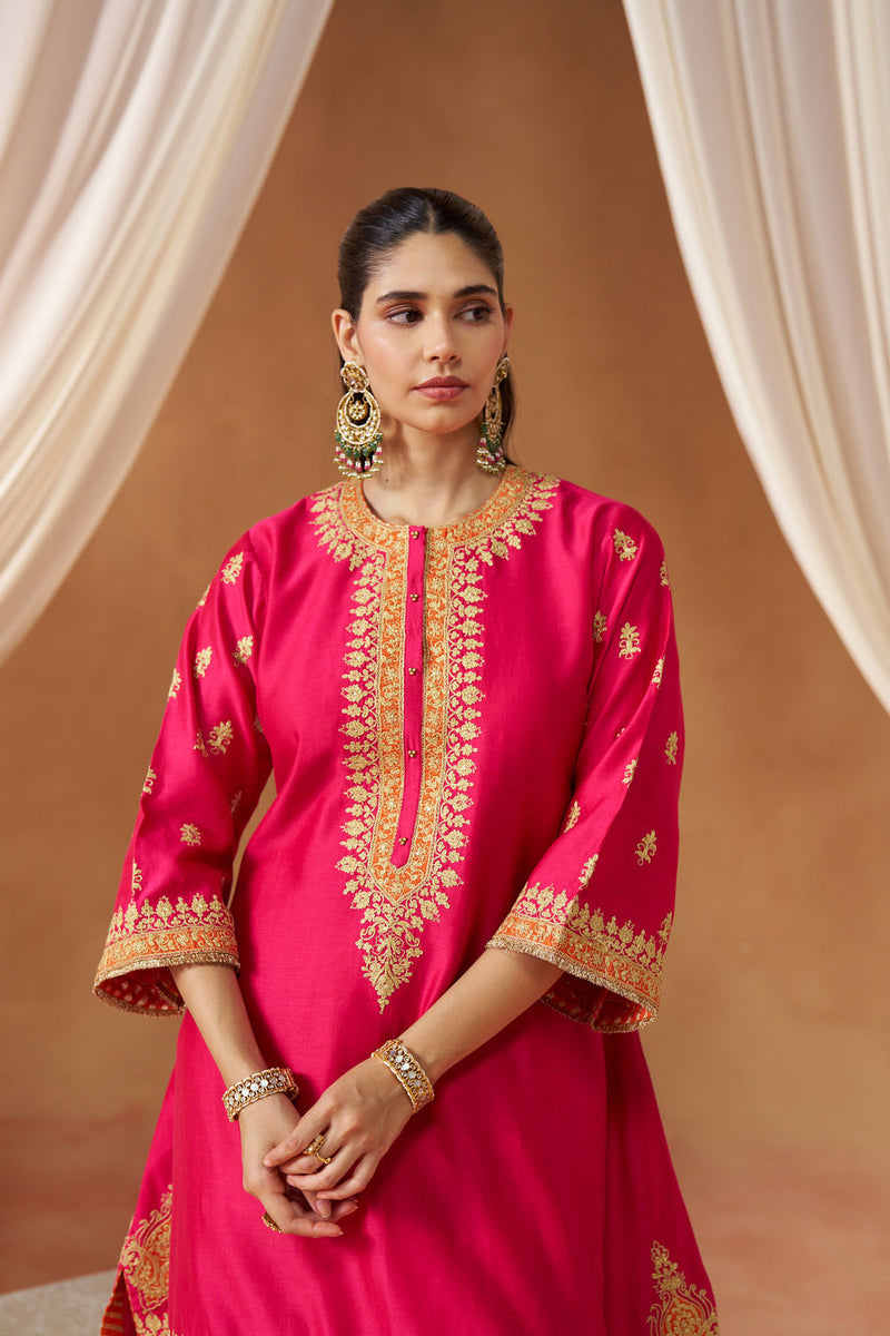 Zeenal Hotpink A-Line Kaaftan with Salwar with Dupatta silk chanderi kurta/kurta set by SHEETAL BATRA in pink for women in Singapore