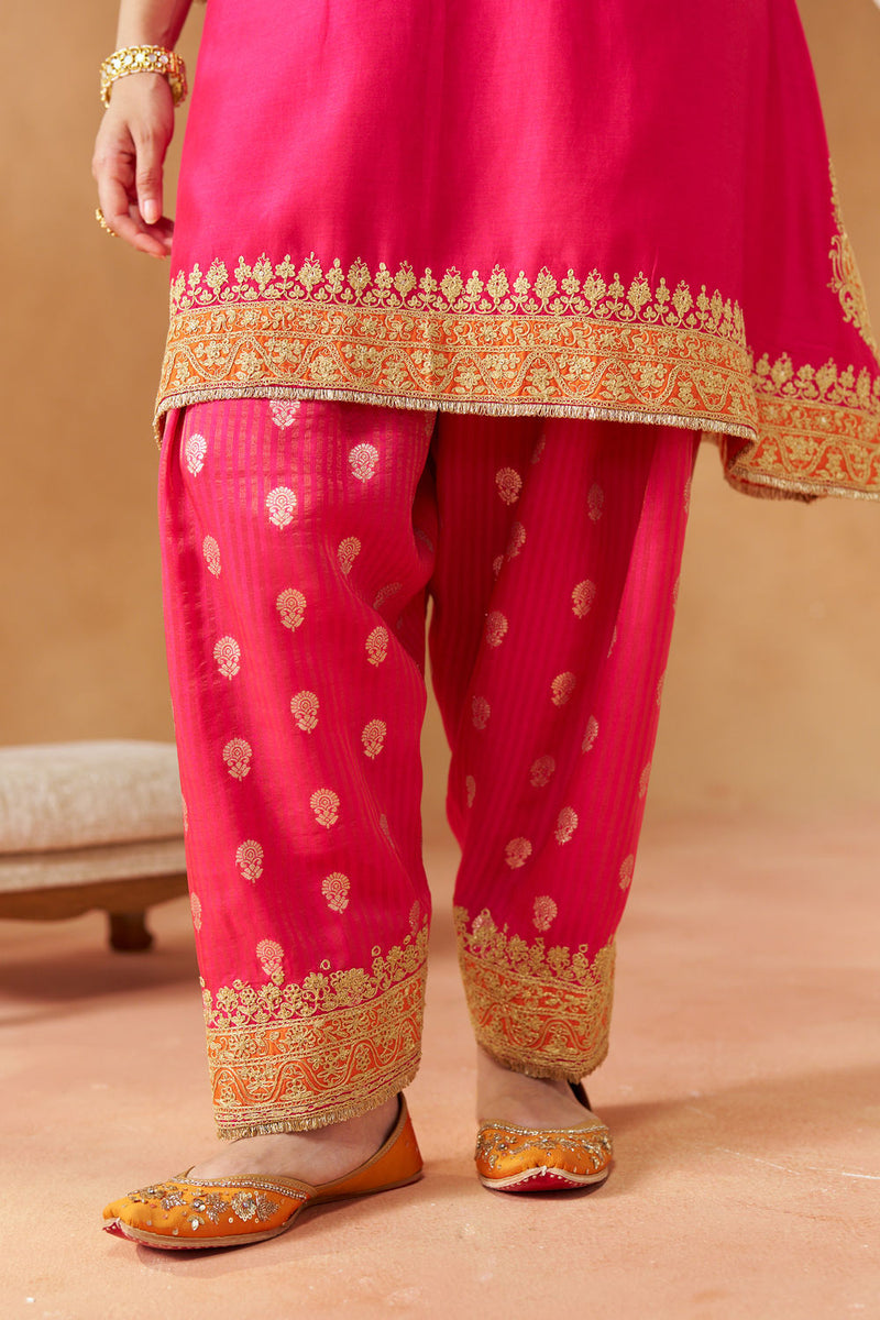 Zeenal Hotpink A-Line Kaaftan with Salwar with Dupatta silk chanderi kurta/kurta set by SHEETAL BATRA in pink for women in Singapore