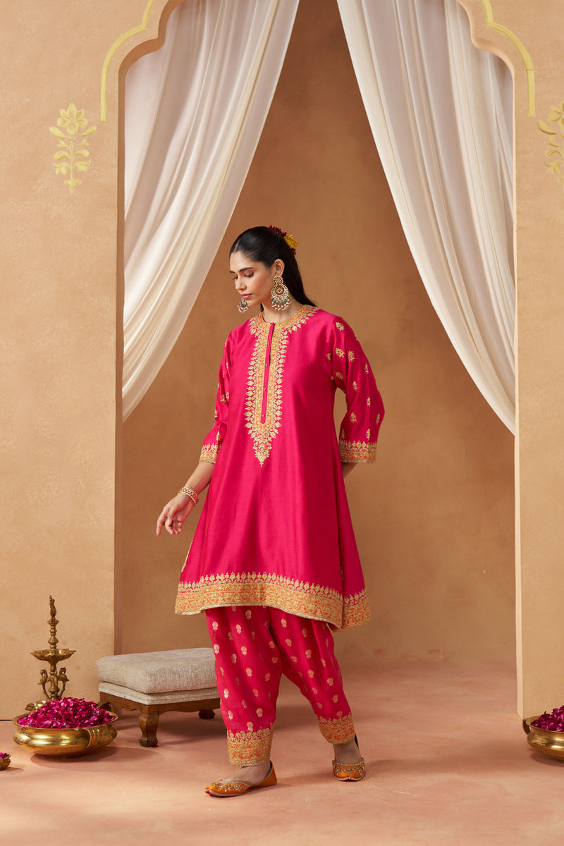 Zeenal Hotpink A-Line Kaaftan with Salwar with Dupatta silk chanderi kurta/kurta set by SHEETAL BATRA in pink for women in Singapore
