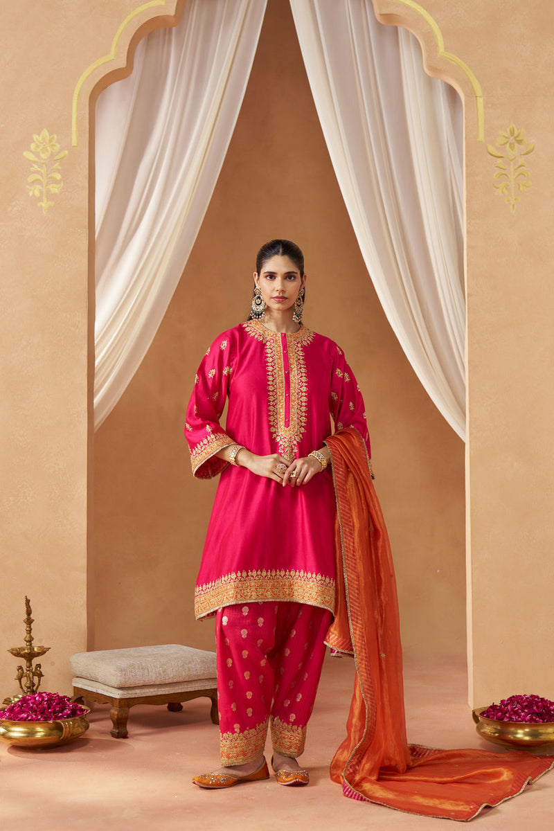 Zeenal Hotpink A-Line Kaaftan with Salwar with Dupatta silk chanderi kurta/kurta set by SHEETAL BATRA in pink for women in Singapore