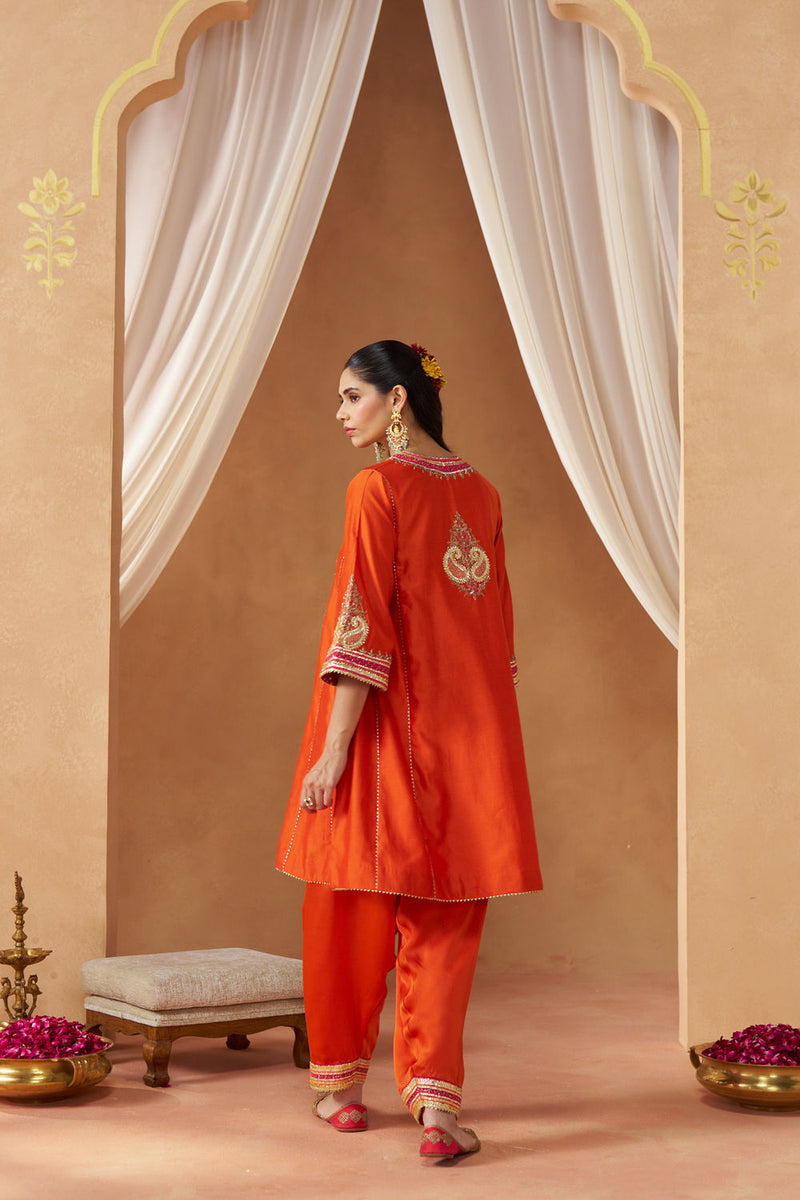 Daneen burnt orange chauga with salwar silk chanderi kurta/kurta set by SHEETAL BATRA in orange for women in Singapore