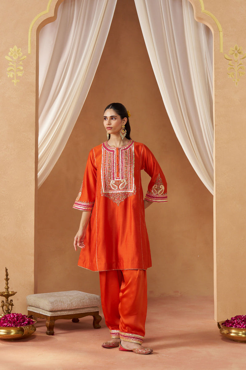 Daneen burnt orange chauga with salwar silk chanderi kurta/kurta set by SHEETAL BATRA in orange for women in Singapore