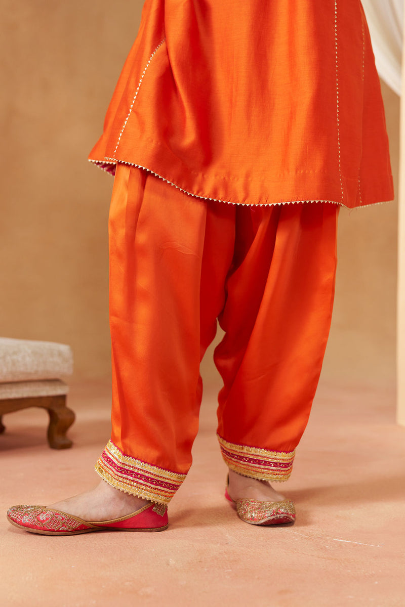 Daneen burnt orange chauga with salwar silk chanderi kurta/kurta set by SHEETAL BATRA in orange for women in Singapore