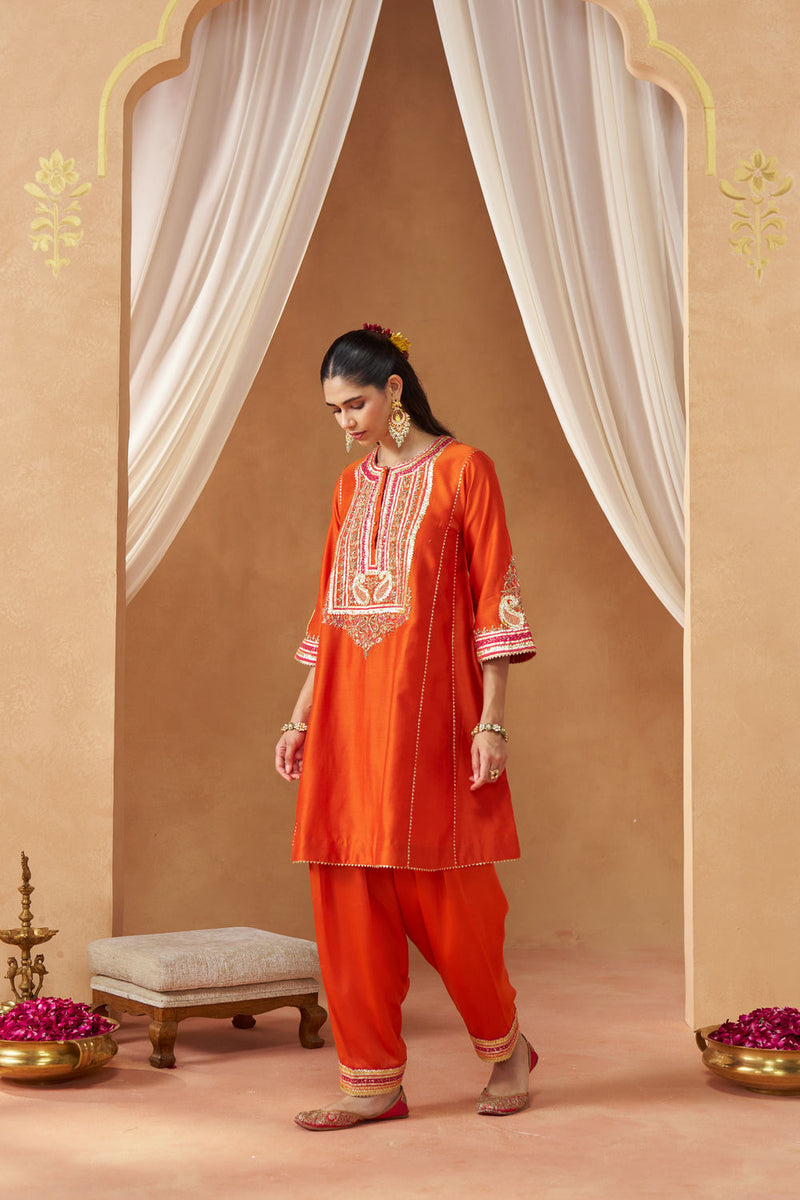 Daneen burnt orange chauga with salwar silk chanderi kurta/kurta set by SHEETAL BATRA in orange for women in Singapore