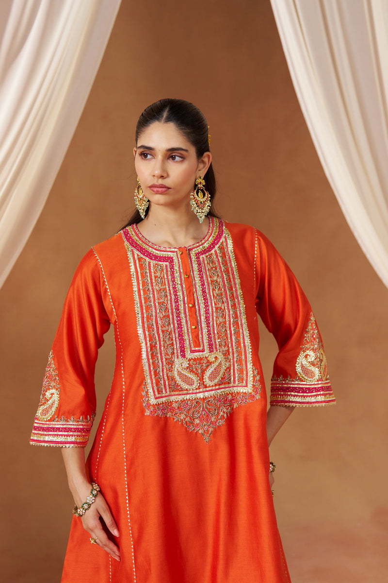 Daneen burnt orange chauga with salwar silk chanderi kurta/kurta set by SHEETAL BATRA in orange for women in Singapore