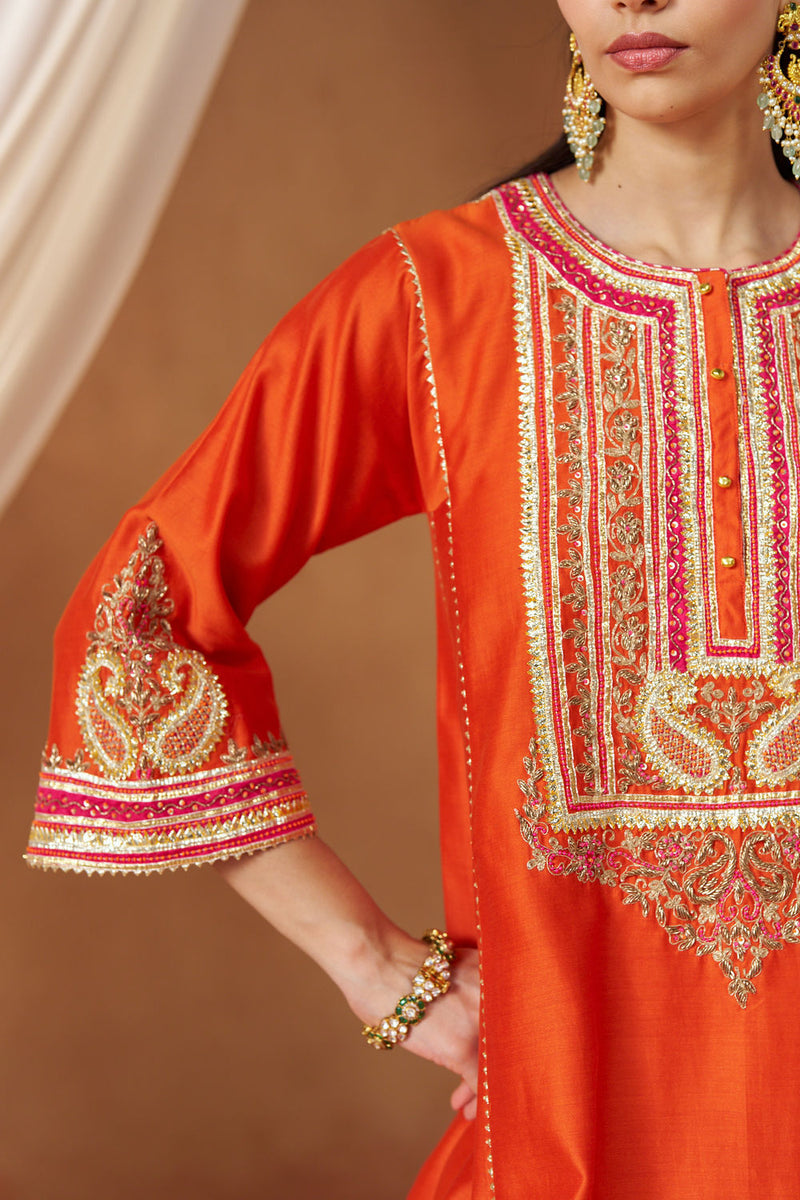 Daneen burnt orange chauga with salwar silk chanderi kurta/kurta set by SHEETAL BATRA in orange for women in Singapore