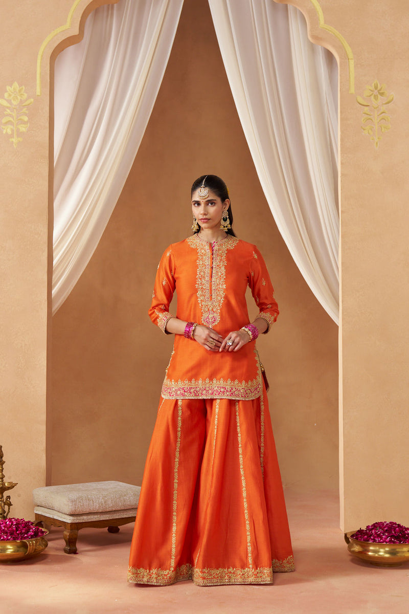 Fadiya Burnt Orange Kurta with Sharara and Dupatta silk chanderi kurta/kurta set by SHEETAL BATRA in orange for women in Singapore
