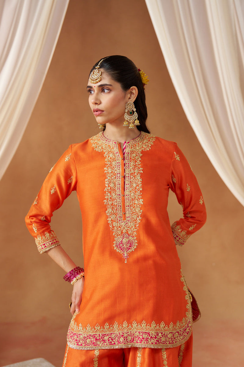 Fadiya Burnt Orange Kurta with Sharara and Dupatta silk chanderi kurta/kurta set by SHEETAL BATRA in orange for women in Singapore