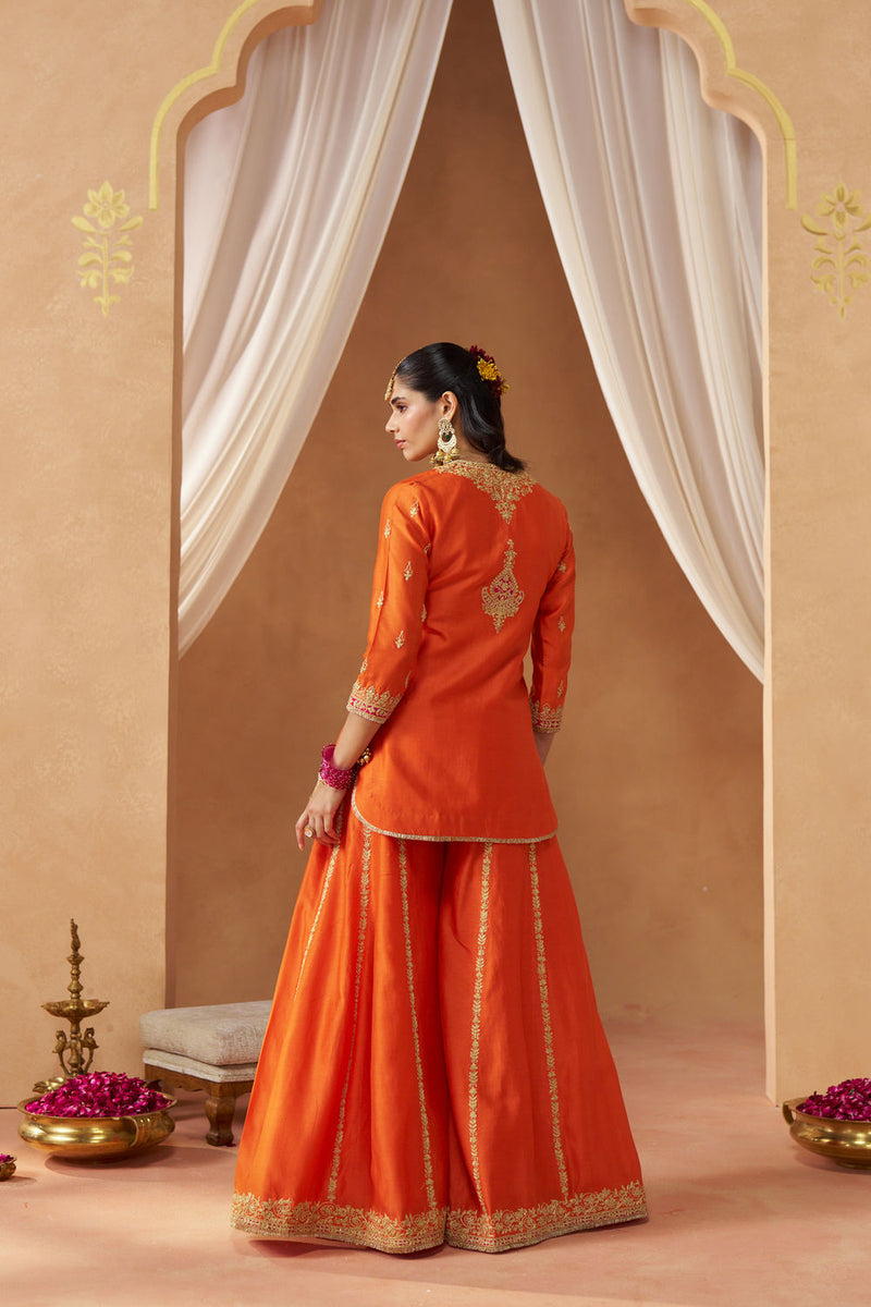 Fadiya Burnt Orange Kurta with Sharara and Dupatta silk chanderi kurta/kurta set by SHEETAL BATRA in orange for women in Singapore