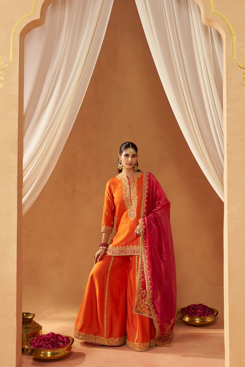 Fadiya Burnt Orange Kurta with Sharara and Dupatta silk chanderi kurta/kurta set by SHEETAL BATRA in orange for women in Singapore