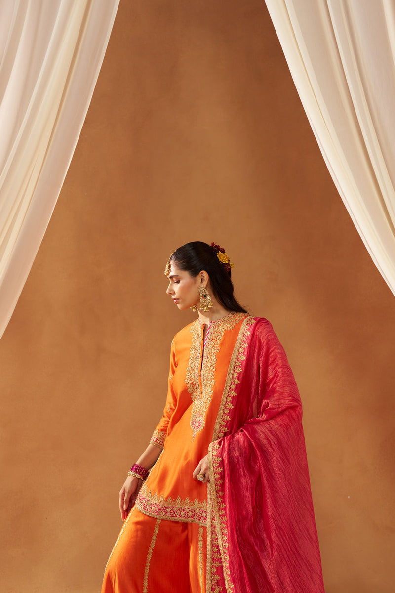 Fadiya Burnt Orange Kurta with Sharara and Dupatta silk chanderi kurta/kurta set by SHEETAL BATRA in orange for women in Singapore