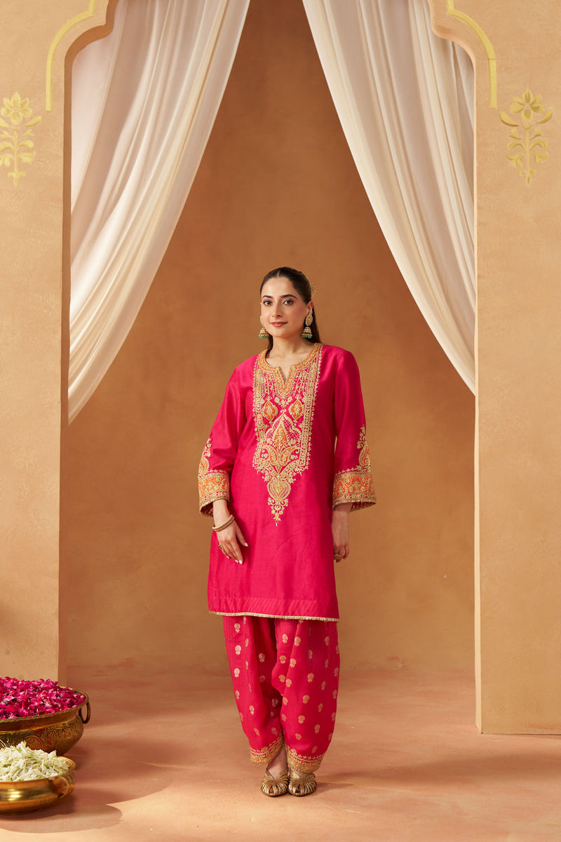 Adeela Deep Red Kurta with Salwar and Dupatta silk chanderi kurta/kurta set by SHEETAL BATRA in red for women in Singapore