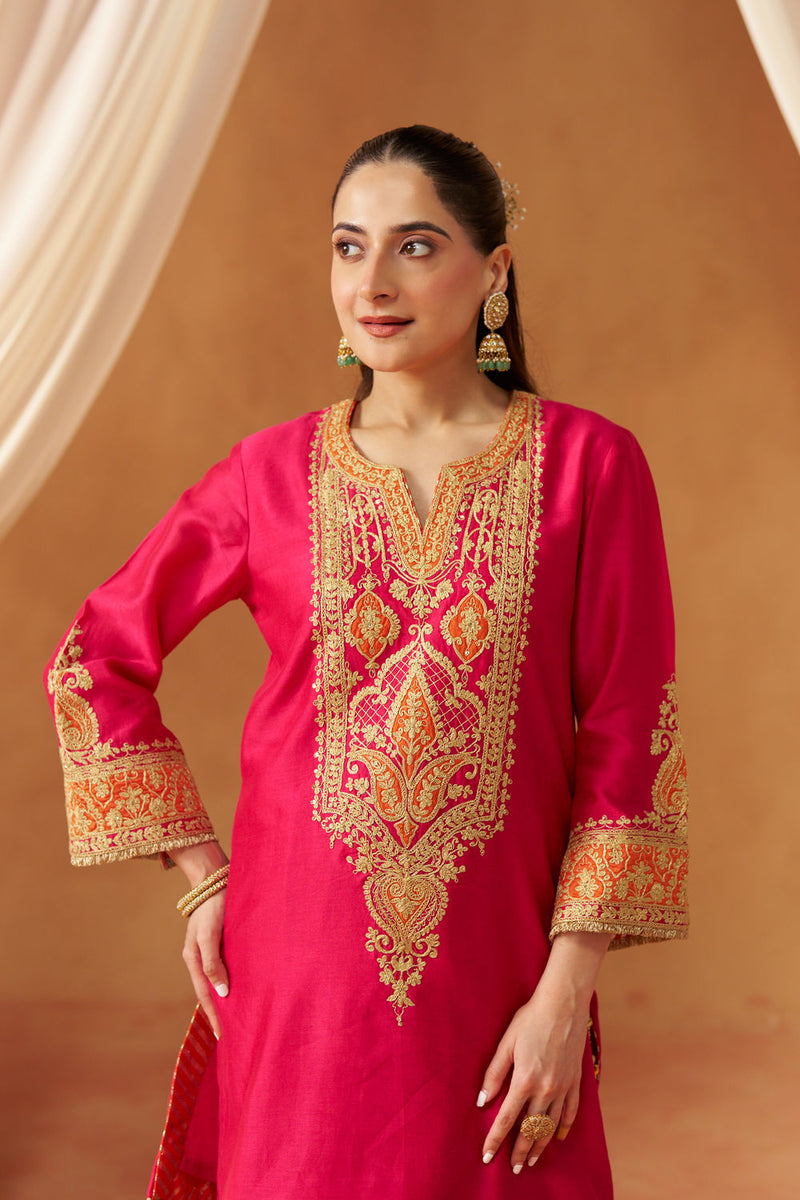 Adeela Hotpink Kurta with Salwar and Dupatta silk chanderi kurta/kurta set by SHEETAL BATRA in pink for women in Singapore