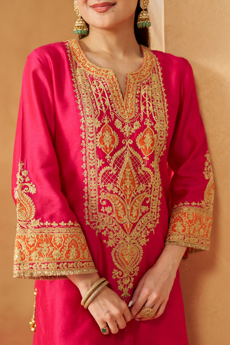Adeela Deep Red Kurta with Salwar and Dupatta silk chanderi kurta/kurta set by SHEETAL BATRA in red for women in Singapore