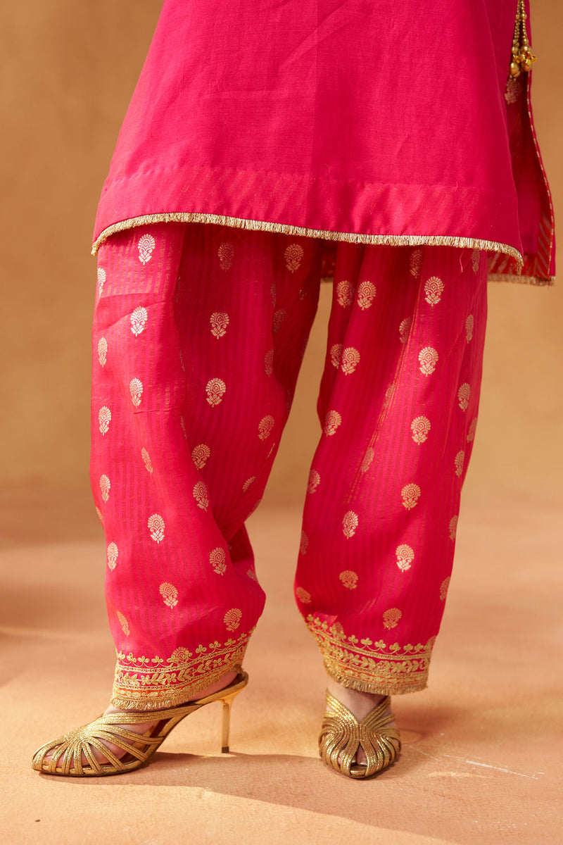 Adeela Hotpink Kurta with Salwar and Dupatta silk chanderi kurta/kurta set by SHEETAL BATRA in pink for women in Singapore