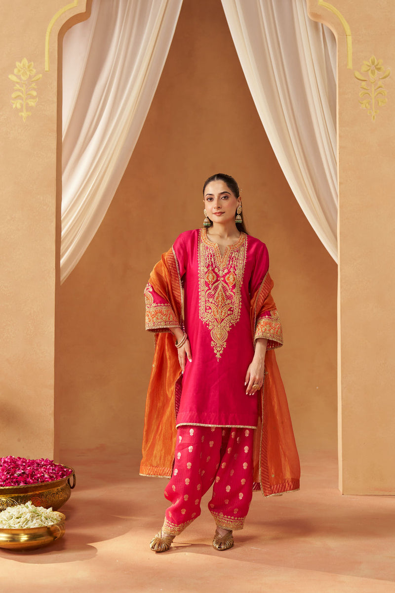 Adeela Hotpink Kurta with Salwar and Dupatta silk chanderi kurta/kurta set by SHEETAL BATRA in pink for women in Singapore