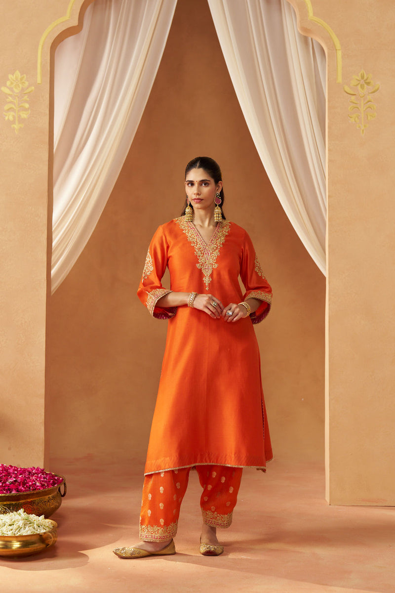 Liana Burnt Orange Chauga with Salwar and Dupatta silk chanderi kurta/kurta set by SHEETAL BATRA in orange for women in Singapore