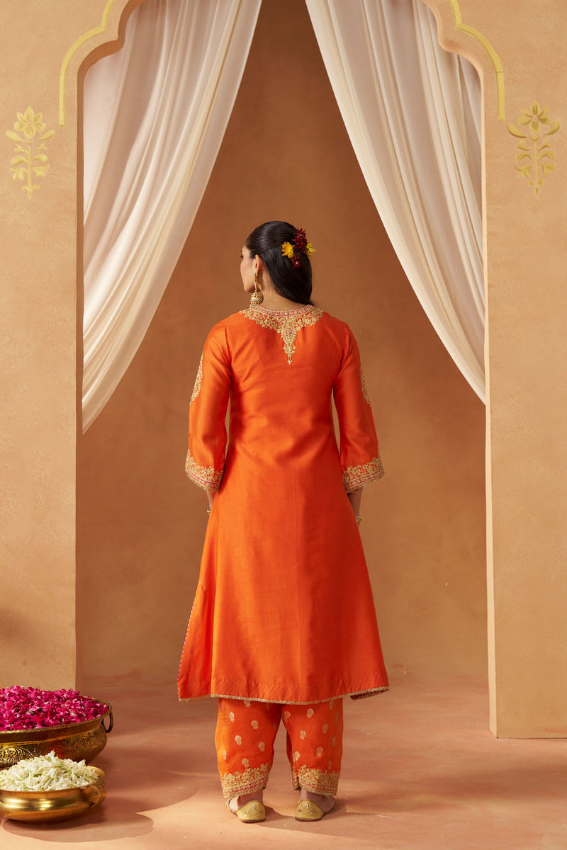 Liana Burnt Orange Chauga with Salwar and Dupatta silk chanderi kurta/kurta set by SHEETAL BATRA in orange for women in Singapore