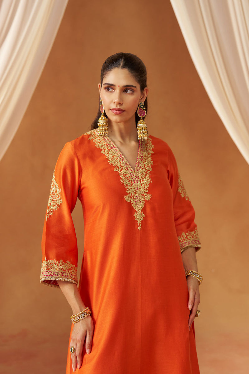 Liana Burnt Orange Chauga with Salwar and Dupatta silk chanderi kurta/kurta set by SHEETAL BATRA in orange for women in Singapore