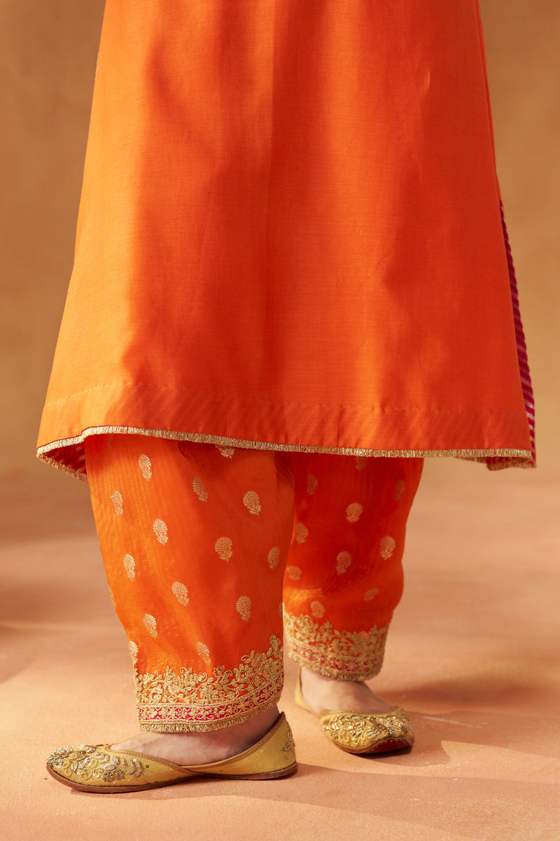 Liana Burnt Orange Chauga with Salwar and Dupatta silk chanderi kurta/kurta set by SHEETAL BATRA in orange for women in Singapore