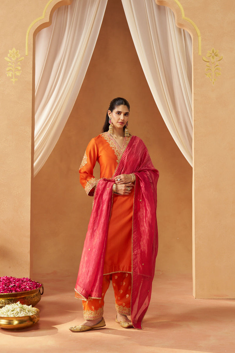 Liana Burnt Orange Chauga with Salwar and Dupatta silk chanderi kurta/kurta set by SHEETAL BATRA in orange for women in Singapore