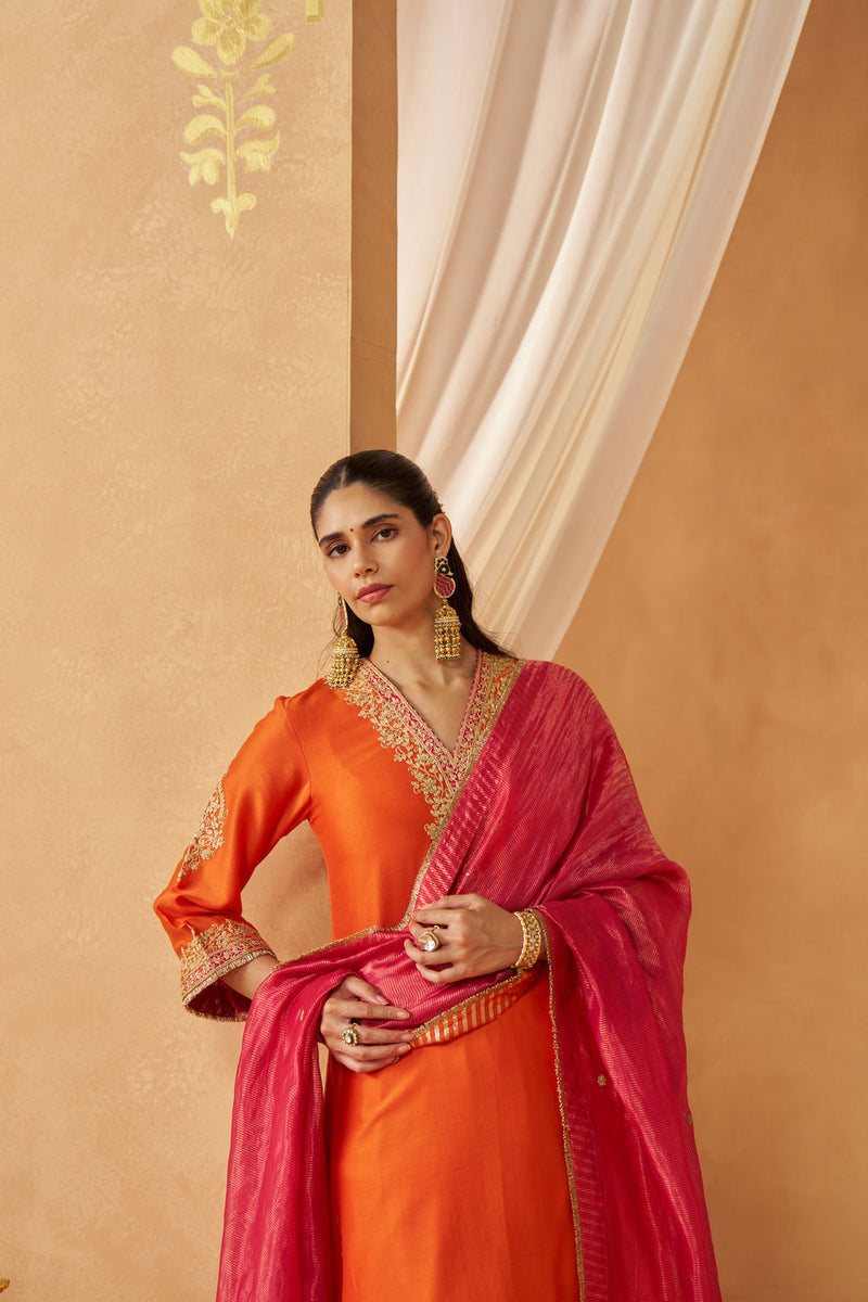 Liana Burnt Orange Chauga with Salwar and Dupatta silk chanderi kurta/kurta set by SHEETAL BATRA in orange for women in Singapore