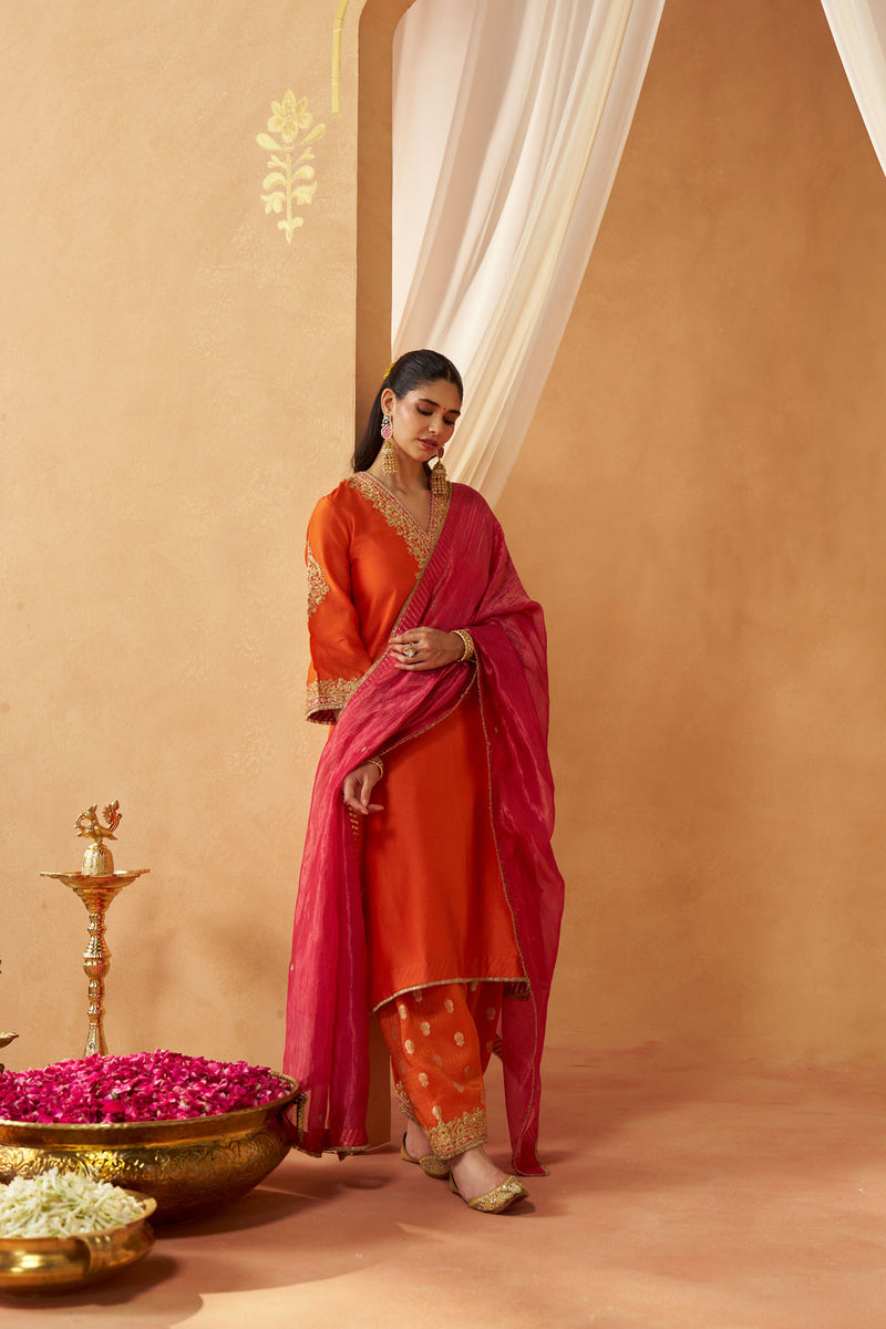 Liana Burnt Orange Chauga with Salwar and Dupatta silk chanderi kurta/kurta set by SHEETAL BATRA in orange for women in Singapore