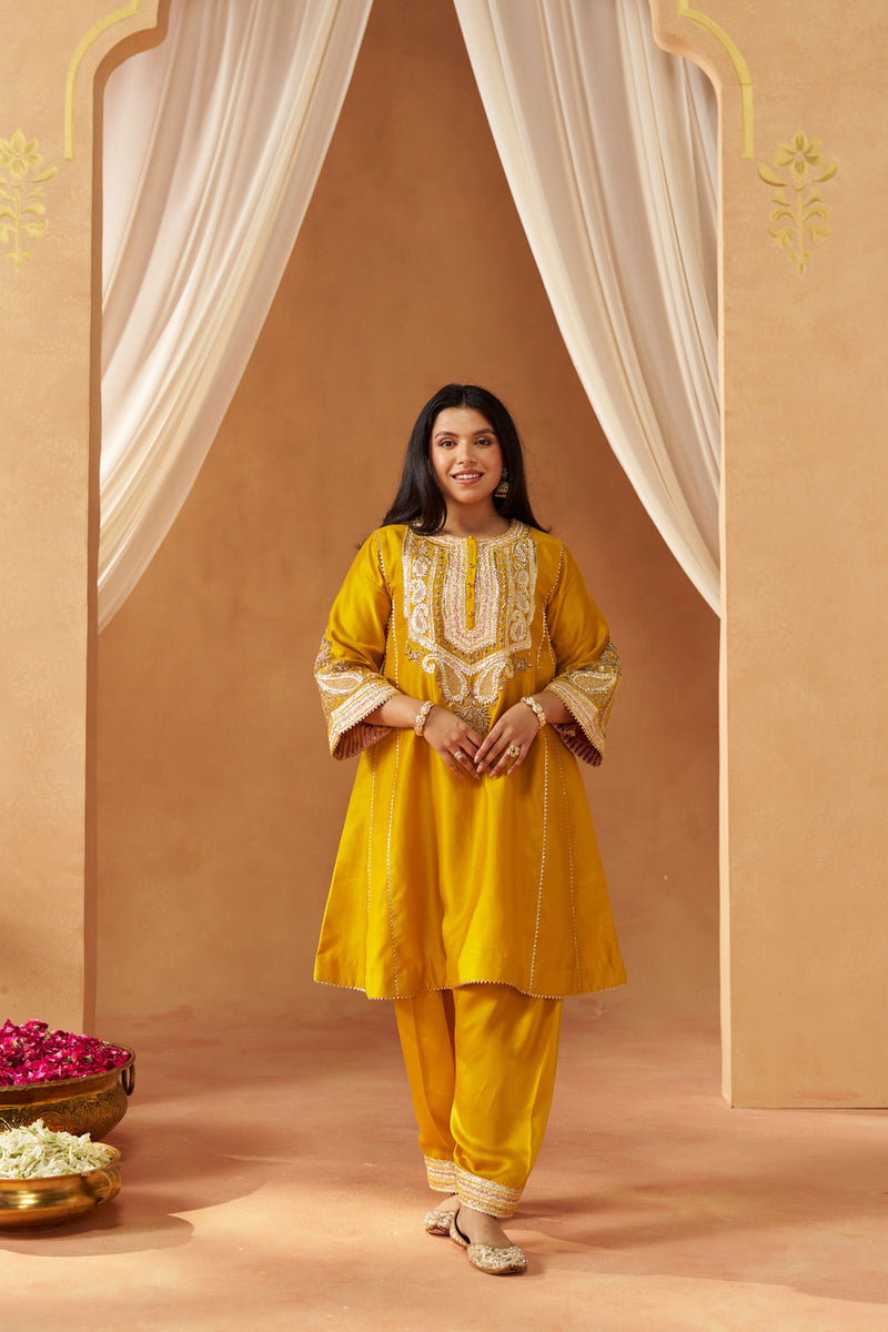 Zimal mustard chauga with salwar silk chanderi kurta/kurta set by SHEETAL BATRA in mustard for women in Singapore