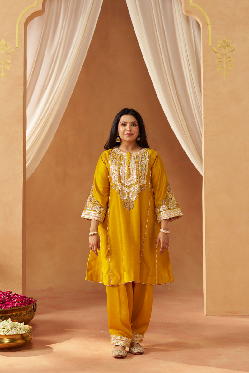 Zimal mustard chauga with salwar silk chanderi kurta/kurta set by SHEETAL BATRA in mustard for women in Singapore