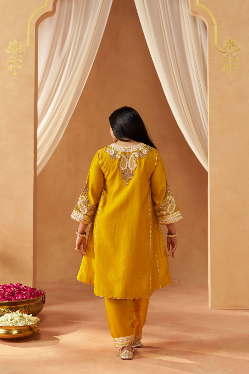 Zimal mustard chauga with salwar silk chanderi kurta/kurta set by SHEETAL BATRA in mustard for women in Singapore