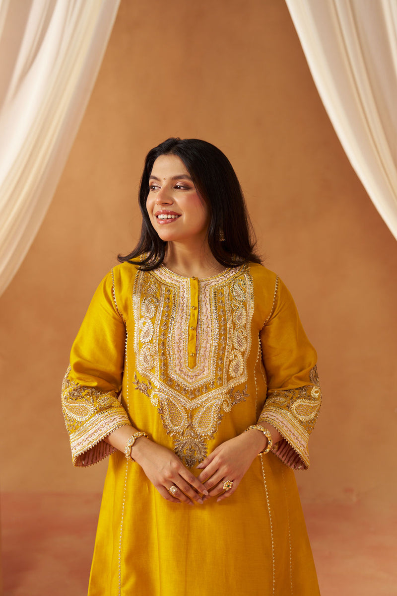 Zimal mustard chauga with salwar silk chanderi kurta/kurta set by SHEETAL BATRA in mustard for women in Singapore