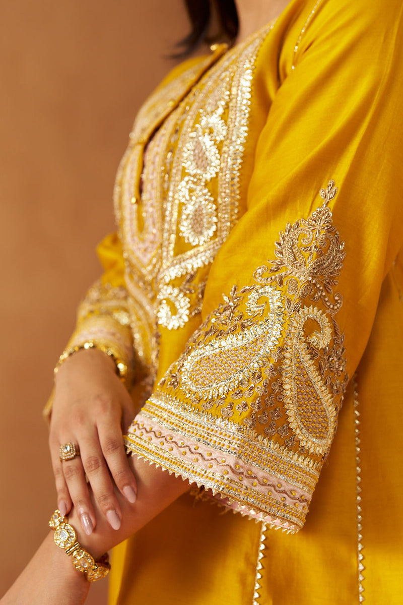 Zimal mustard chauga with salwar silk chanderi kurta/kurta set by SHEETAL BATRA in mustard for women in Singapore