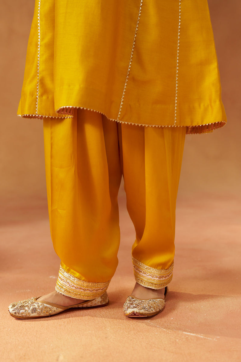 Zimal mustard chauga with salwar silk chanderi kurta/kurta set by SHEETAL BATRA in mustard for women in Singapore