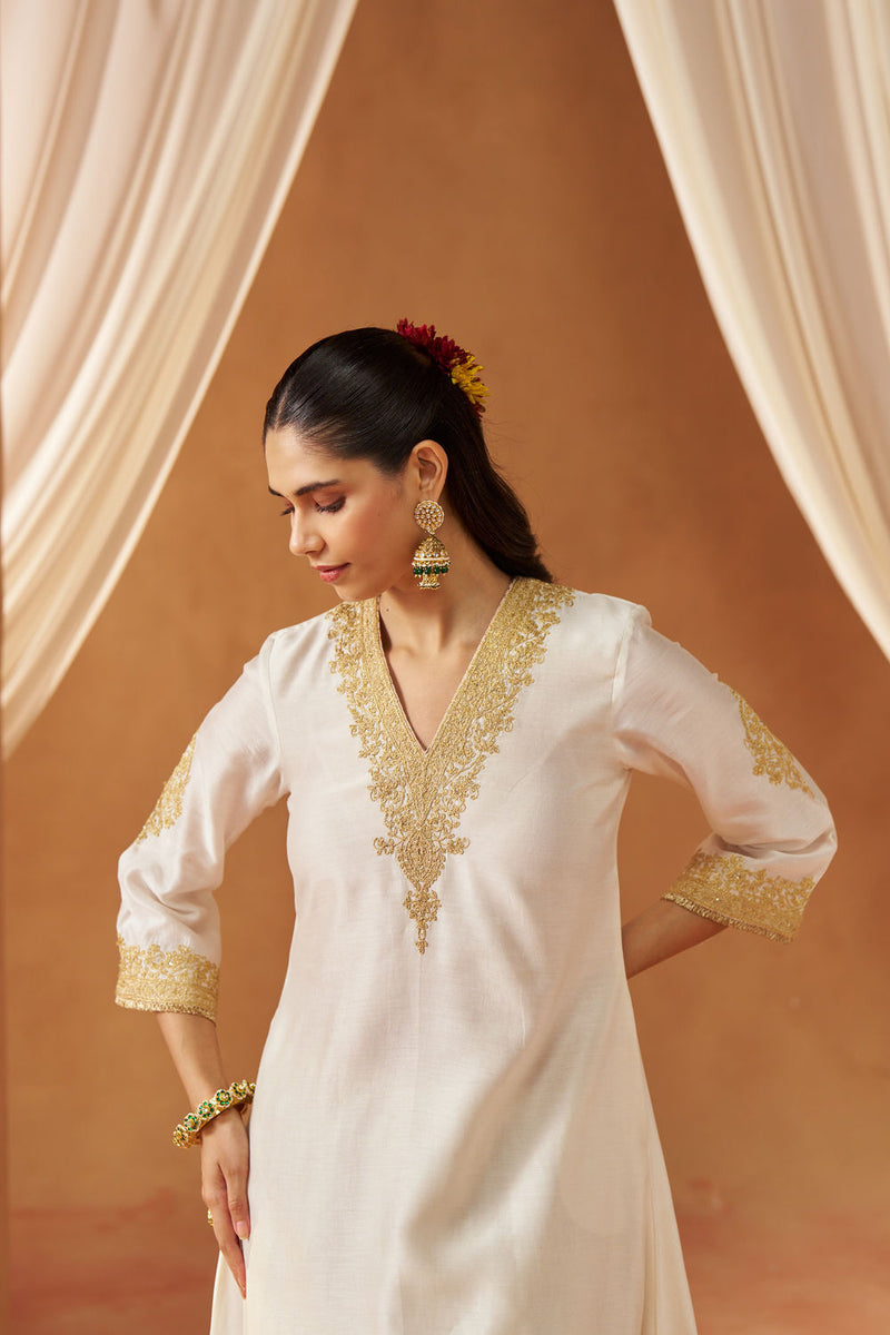 Liana Daisy Ivory Chauga with Salwar and Dupatta silk chanderi kurta/kurta set by SHEETAL BATRA in ivory for women in Singapore