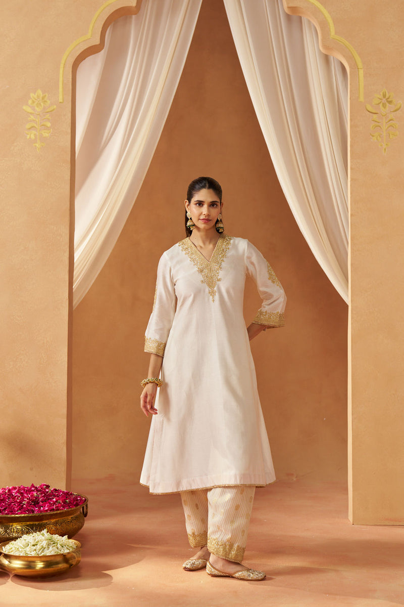 Liana Daisy Ivory Chauga with Salwar and Dupatta silk chanderi kurta/kurta set by SHEETAL BATRA in ivory for women in Singapore