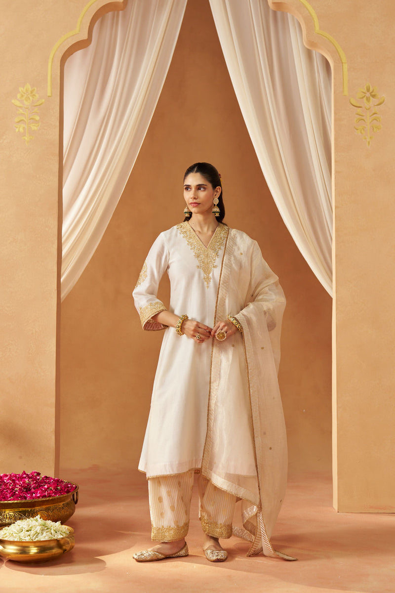 Liana Daisy Ivory Chauga with Salwar and Dupatta silk chanderi kurta/kurta set by SHEETAL BATRA in ivory for women in Singapore