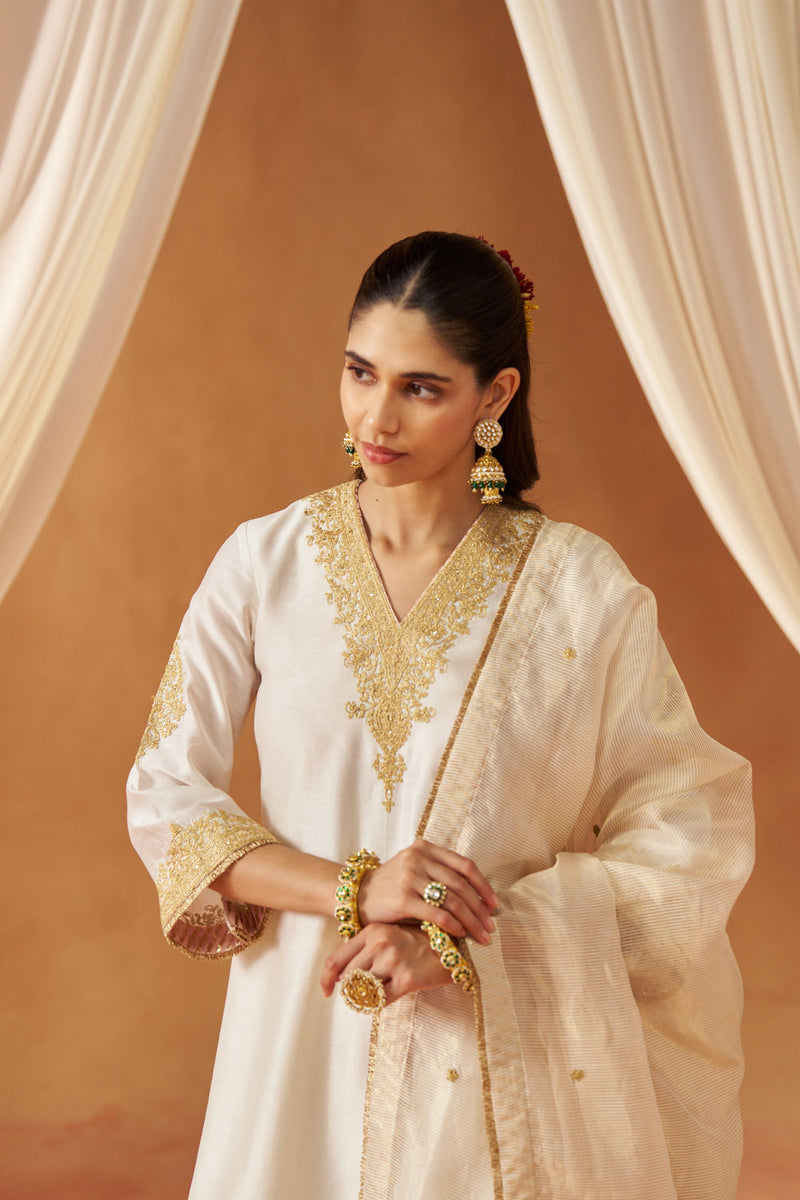 Liana Daisy Ivory Chauga with Salwar and Dupatta silk chanderi kurta/kurta set by SHEETAL BATRA in ivory for women in Singapore