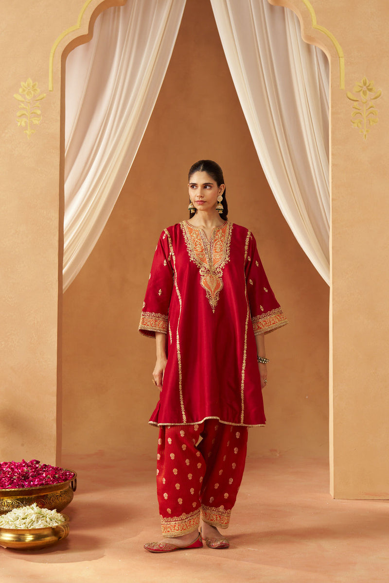 Maahgul Deep Red Kalidaar Chauga with Salwar with Dupatta silk chanderi kurta/kurta set by SHEETAL BATRA in red for women in Singapore
