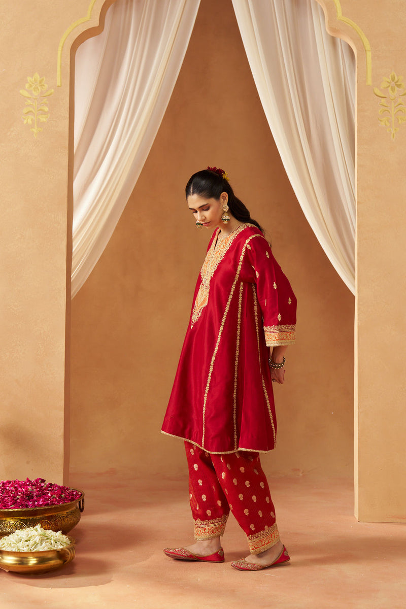Maahgul Deep Red Kalidaar Chauga with Salwar with Dupatta silk chanderi kurta/kurta set by SHEETAL BATRA in red for women in Singapore