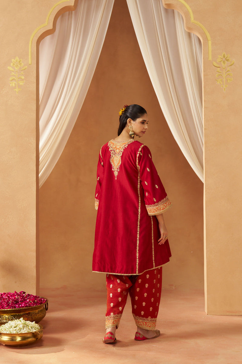 Maahgul Deep Red Kalidaar Chauga with Salwar with Dupatta silk chanderi kurta/kurta set by SHEETAL BATRA in red for women in Singapore