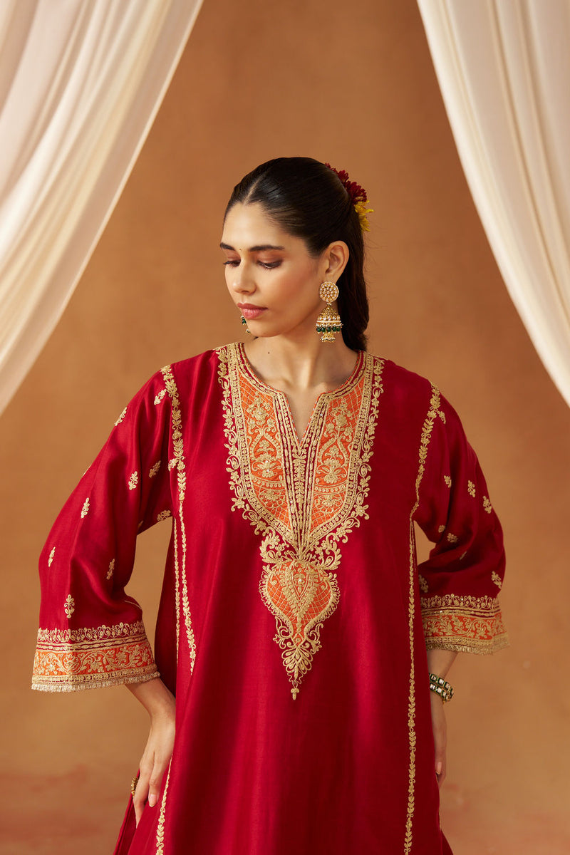 Maahgul Deep Red Kalidaar Chauga with Salwar with Dupatta silk chanderi kurta/kurta set by SHEETAL BATRA in red for women in Singapore