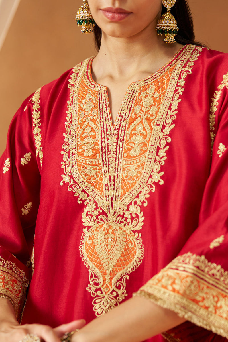 Maahgul Deep Red Kalidaar Chauga with Salwar with Dupatta silk chanderi kurta/kurta set by SHEETAL BATRA in red for women in Singapore