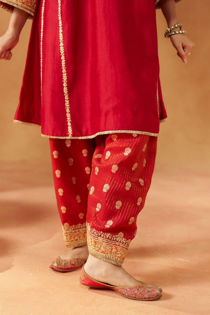 Maahgul Deep Red Kalidaar Chauga with Salwar with Dupatta silk chanderi kurta/kurta set by SHEETAL BATRA in red for women in Singapore